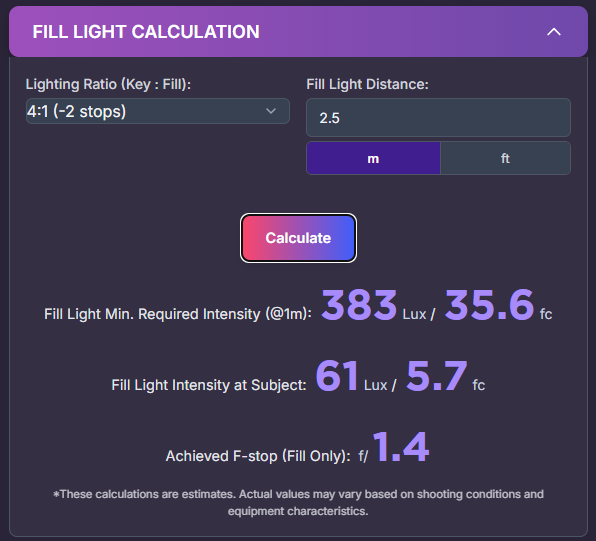 Screenshot of Fill Light Calculation section