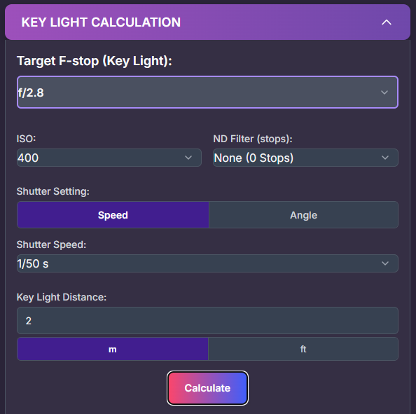 Screenshot of Key Light Calculation section
